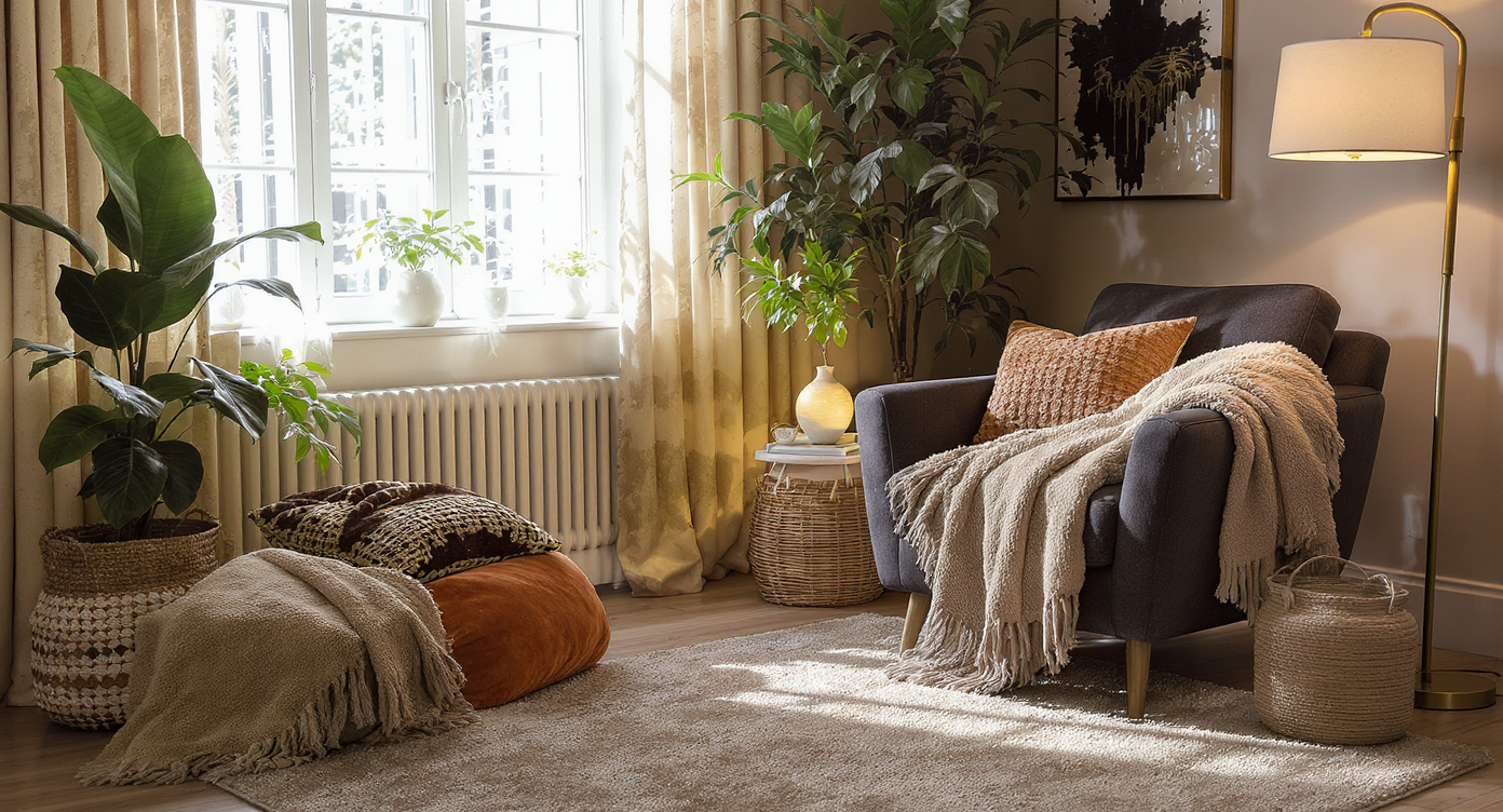 Cozy reading nook with layered textures from throws, cushions, and rugs, with ample indoor plants.