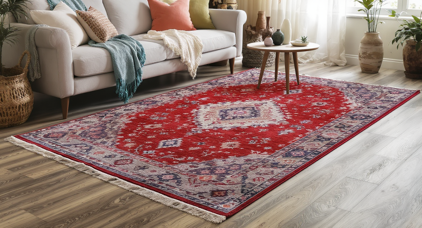 An area rug with intricate patterns in a stylish living room, enhancing the bohemian vibe with color and personality.