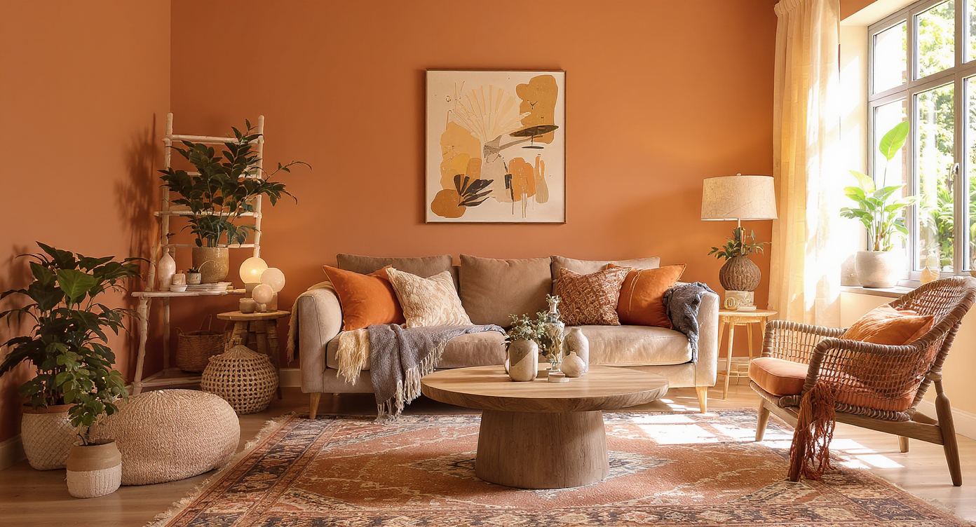 A warm, cozy living room in bohemian style featuring earthy tones, eclectic decor, and abundant natural light.