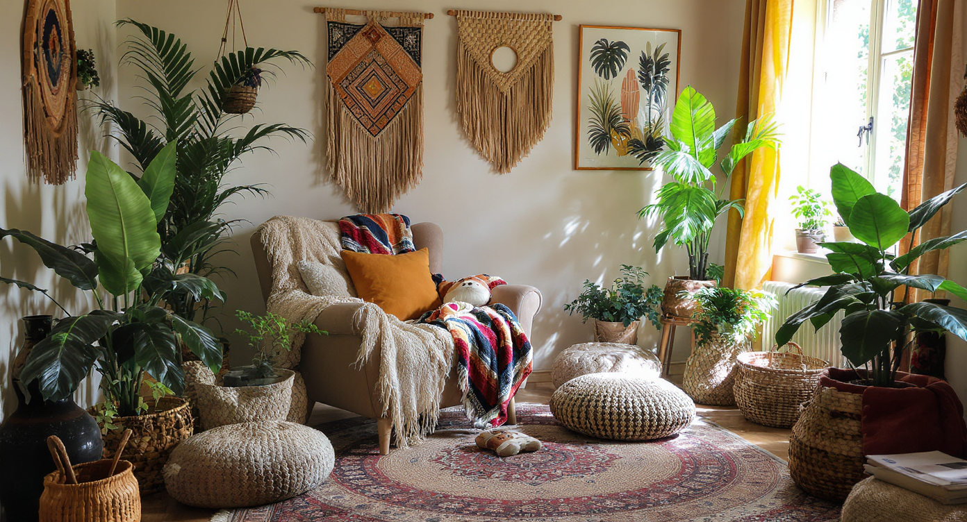 A bohemian reading nook featuring a plush chair, colorful textiles, and indoor plants that create a cozy atmosphere.