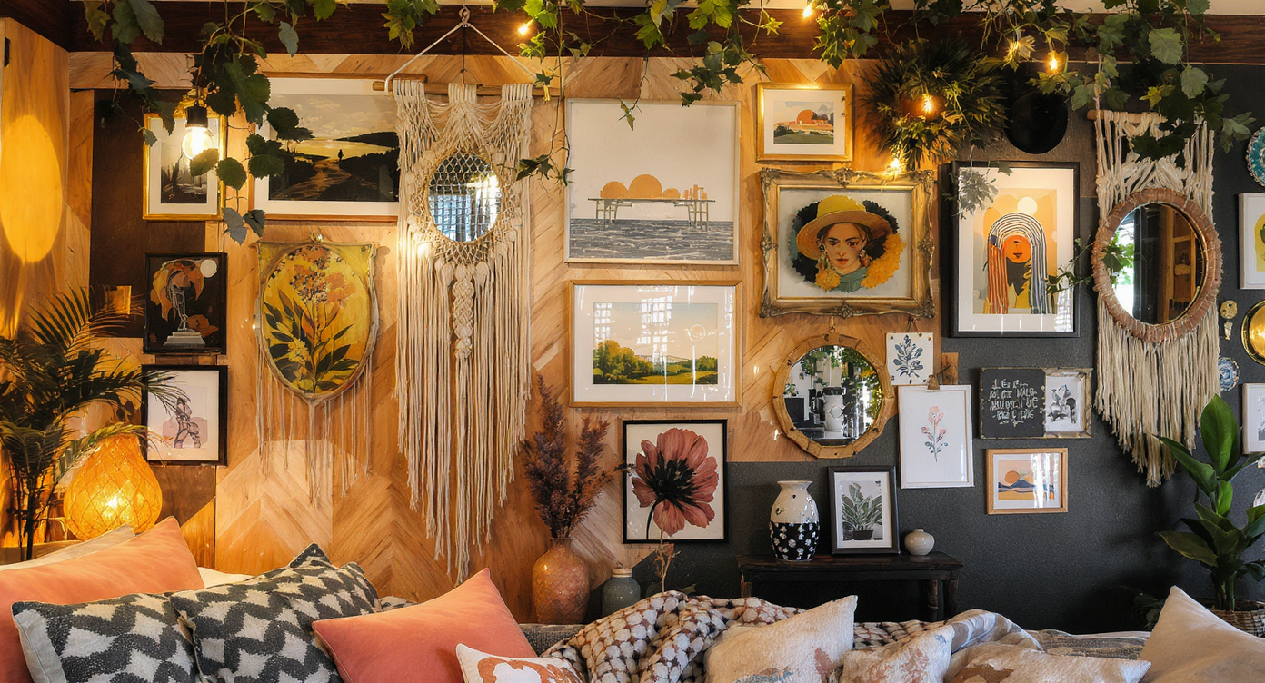 A gallery-style wall filled with eclectic art, macramé hangings, and vibrant colors, showcasing a personalized touch.