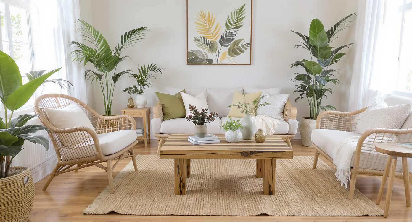 A bohemian living room rich with natural elements, including rattan furniture, jute rugs, and indoor plants.