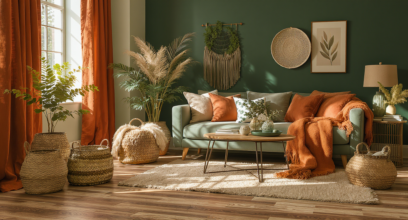A bohemian-style room showcasing an earthy color palette with warm tones, natural textures, and sunlight streaming in.