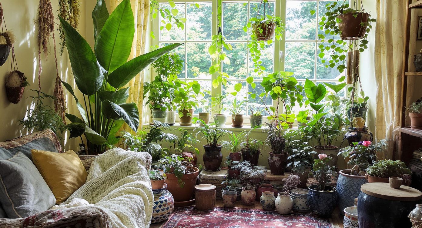 A cozy bohemian corner filled with a variety of indoor plants creating vibrancy and natural beauty.