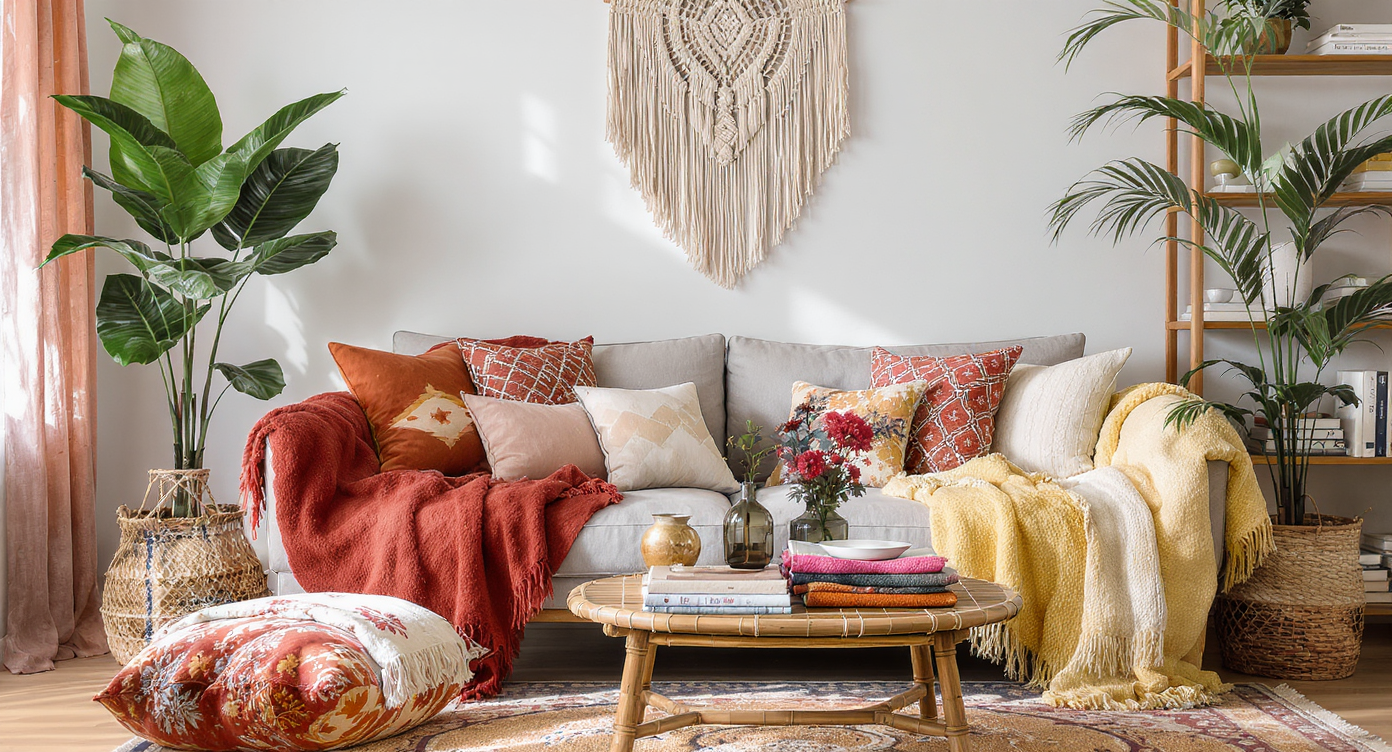 An eclectic living room featuring layered textures and fabrics, including vibrant throws, cushions, and wall art.