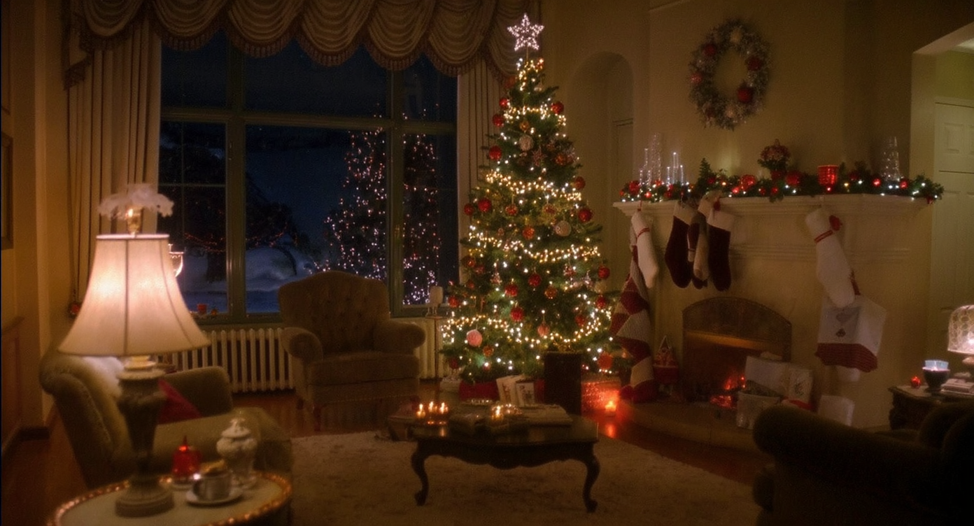 A cozy Christmas living room with a decorated tree and a glowing fireplace, creating a warm holiday atmosphere.
