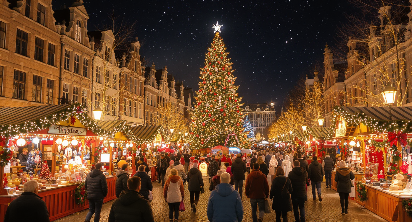 A bustling Belgian Christmas market featuring a giant tree, cheerful crowds, and festive stalls, creating a joyful atmosphere.