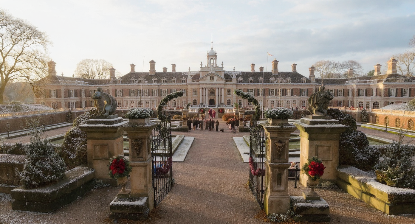 The grand entrance of Sandringham Estate, decorated for Christmas, with royal family members and festive atmosphere.