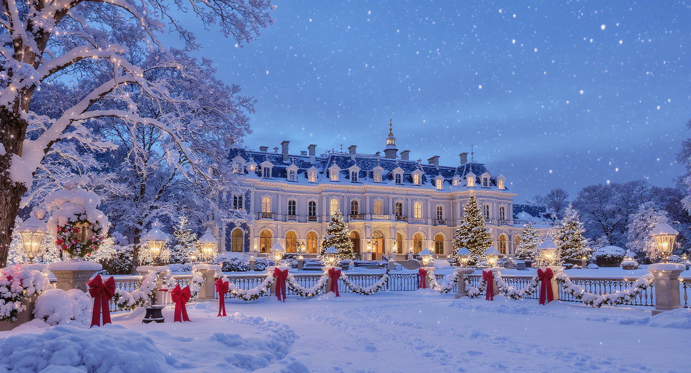 A grand royal estate in winter, decorated with Christmas lights and surrounded by snow, showcasing a festive holiday ambiance.