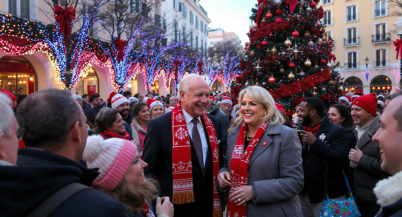 Prince Albert II and Princess Charlene of Monaco celebrating Christmas with the community, surrounded by festive decorations.