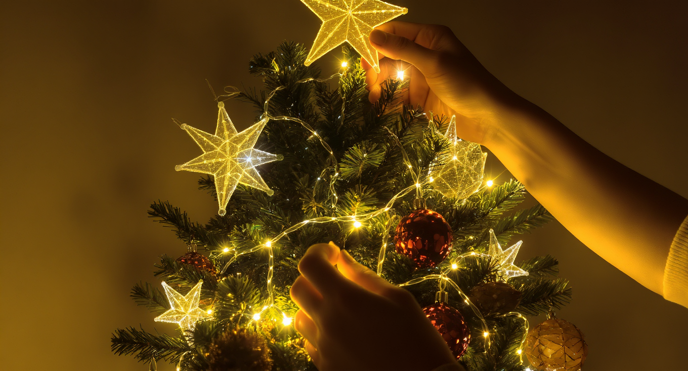 A Christmas tree with pre-lit string lights and a person placing a star on top.