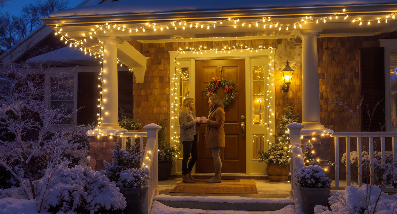 An outdoor porch decorated with clip-on festive lights and a couple enjoying the holiday spirit.