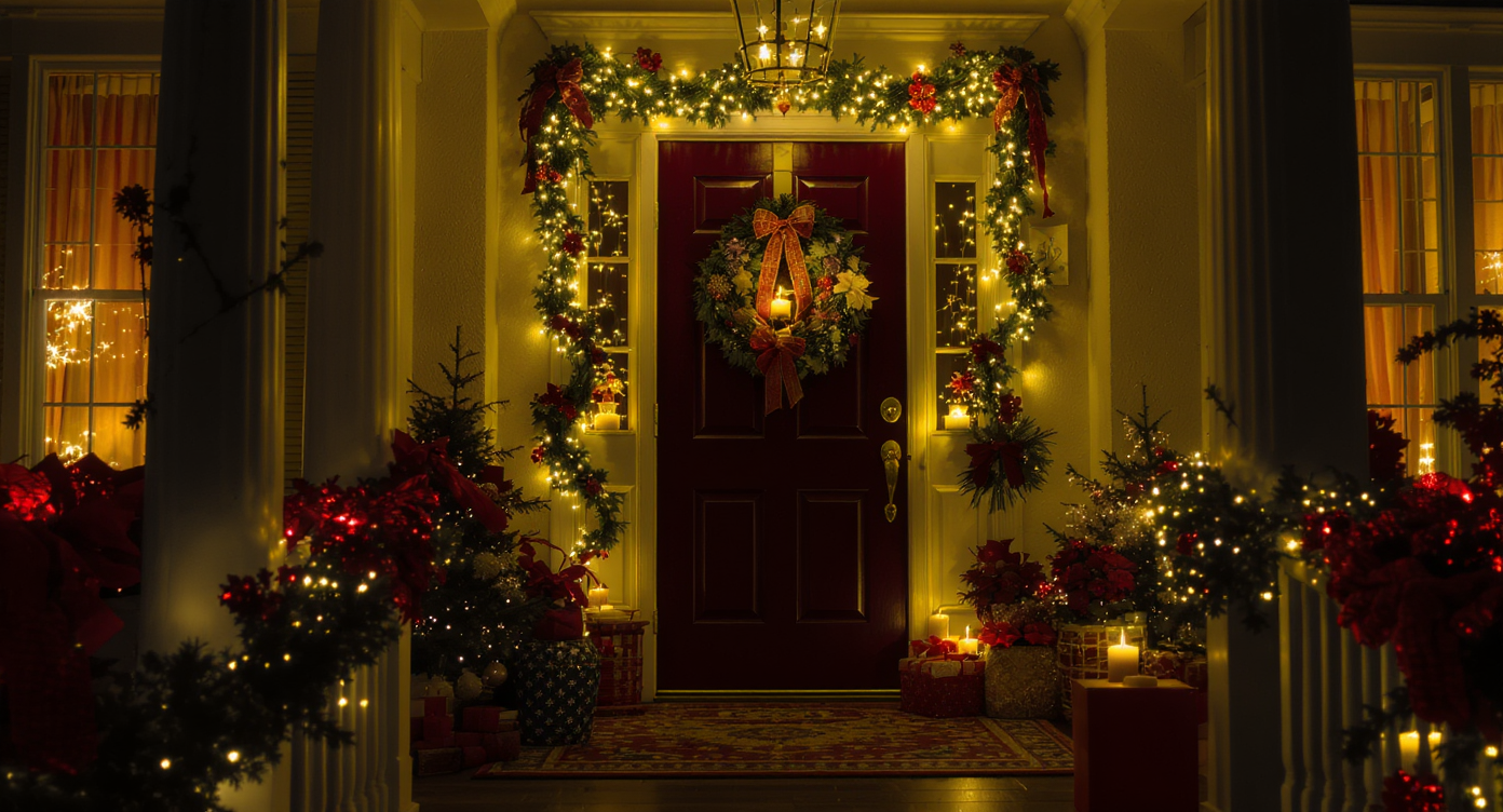 A festive entryway with a Christmas wreath and string lights adorning the door.