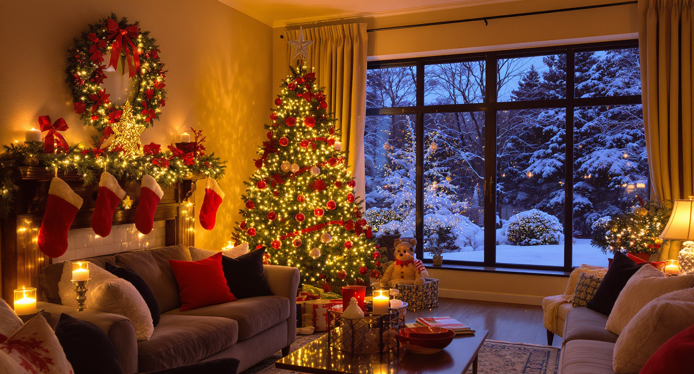 A cozy living room with a decorated Christmas tree and warm ambient lighting.