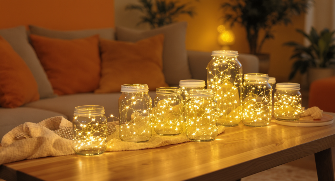 Glass jars filled with fairy lights on a decorated living room table.