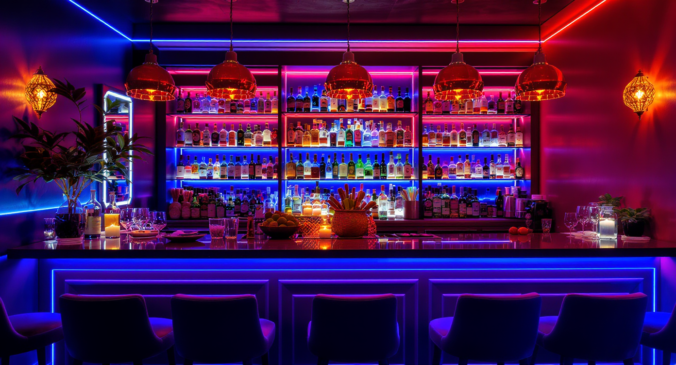 Vibrant home bar with mood lighting, colorful decor, and curated collections of spirits.