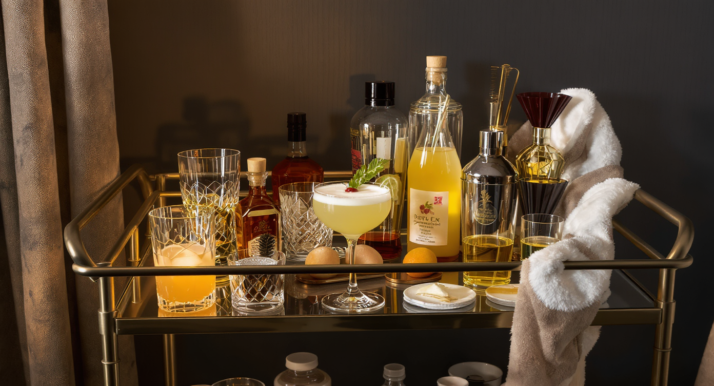 Home bar essentials including glassware, cocktail shakers, and bar tools on a stylish cart.
