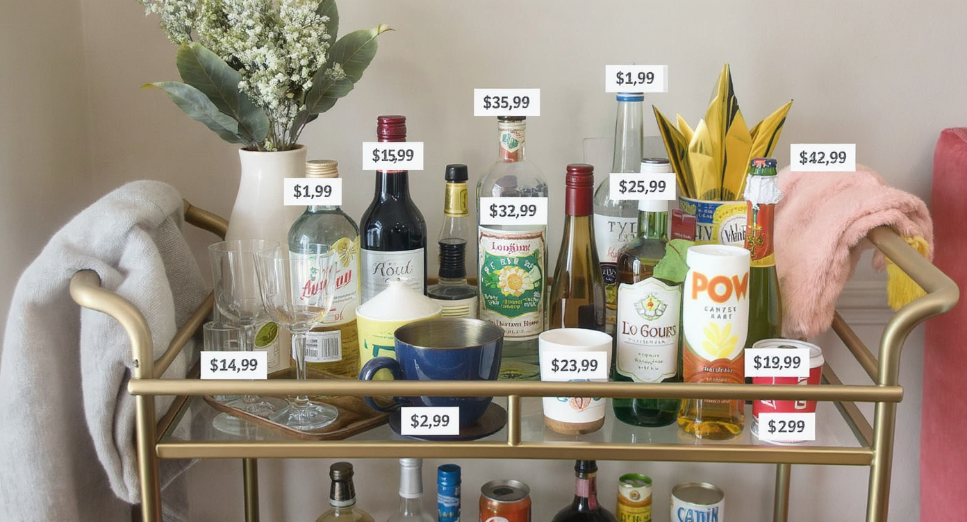 Budget-friendly home bar setup with a stylish cart showcasing affordable bar essentials.