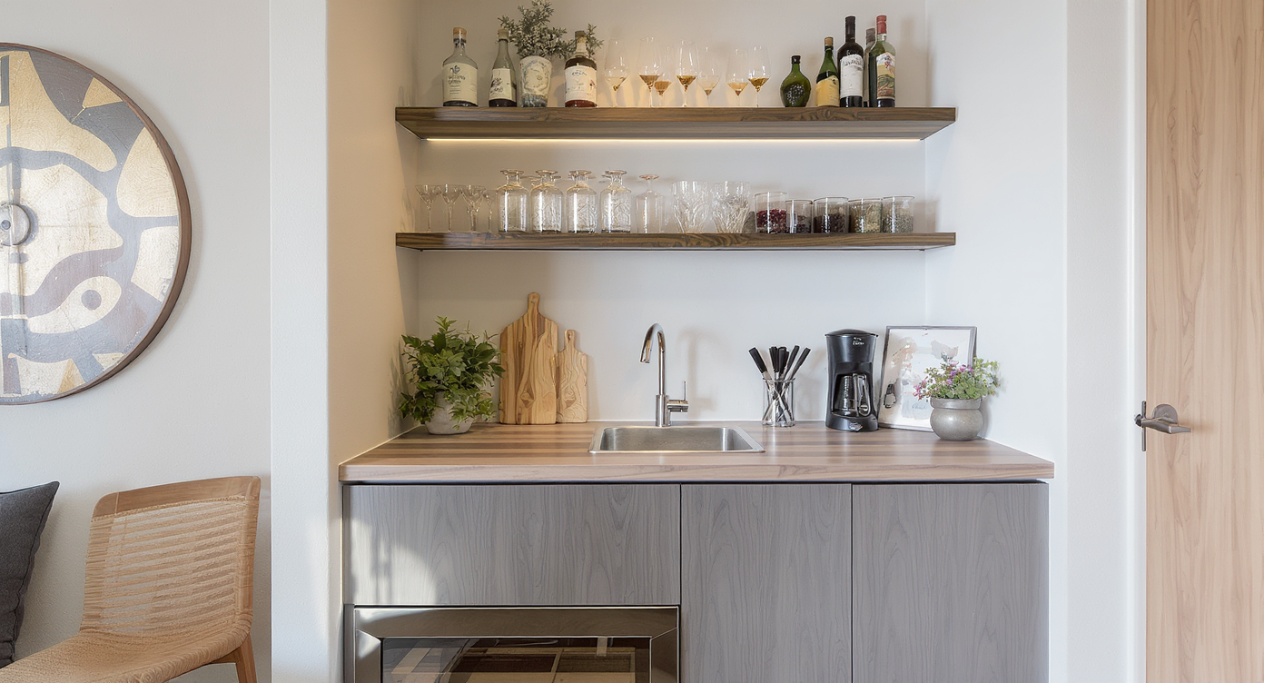 Smart home bar setup in a small space with floating shelves and efficient storage.