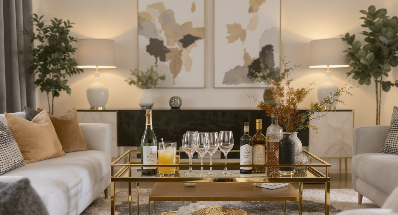 Stylish home bar in a modern living room with a bar cart, glassware, and inviting seating.