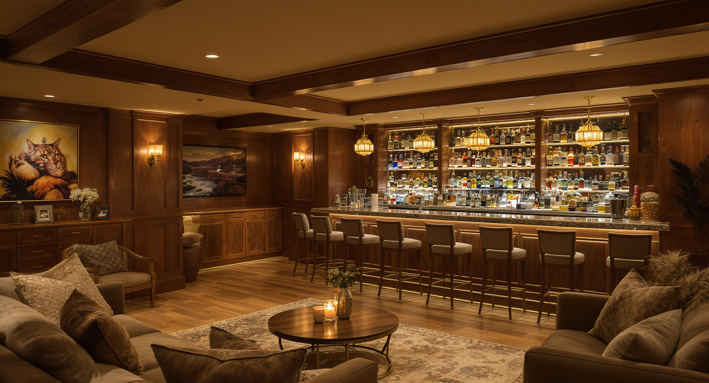 Cozy basement lounge with a well-stocked home bar and comfortable seating.