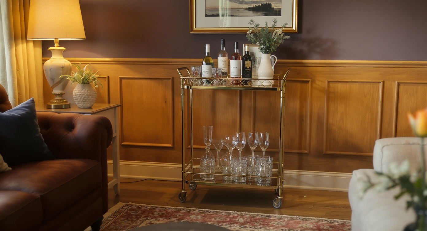 Compact living room bar area with a stylish cart and elegant decor.