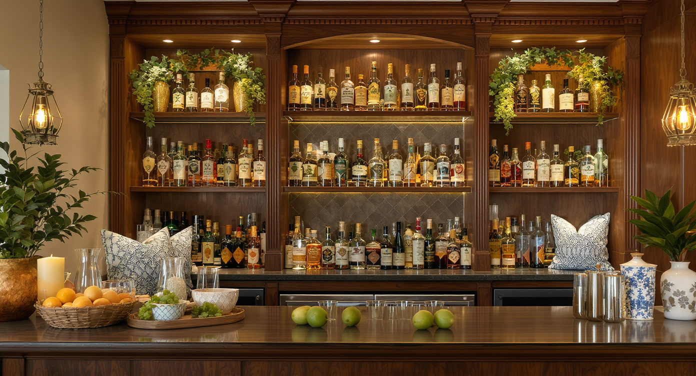 Personalized home bar with spirits, mixers, and unique decor reflecting homeowner's style.