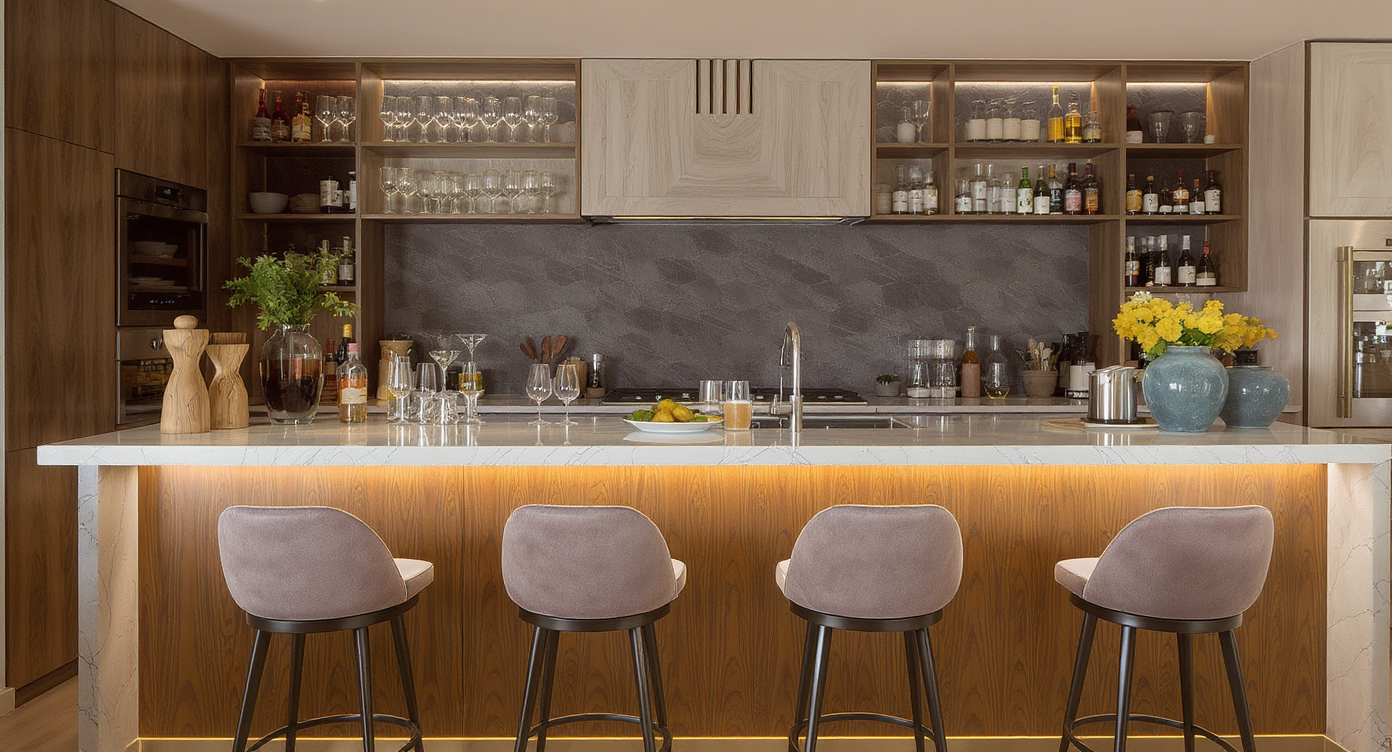 Chic kitchen bar with countertop stools, glassware, and a modern cocktail station.