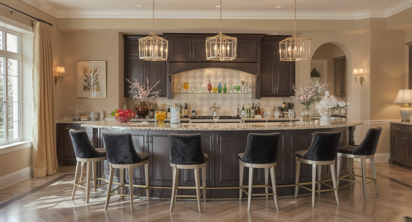 Elegant dining room with a built-in bar area and stylish decor.