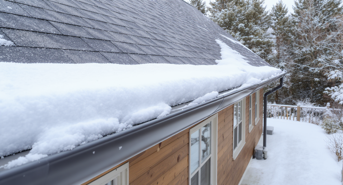 Winter view of a home's structural details with a homeowner inspecting clean gutters and snow-covered paths.