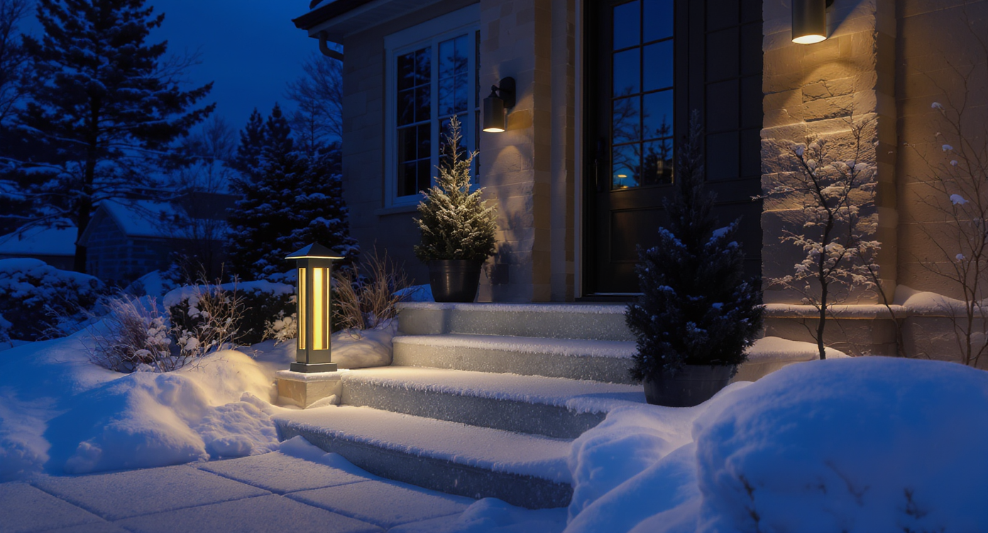 Modern outdoor lighting illuminating a home's entrance with snow and evergreen plants.