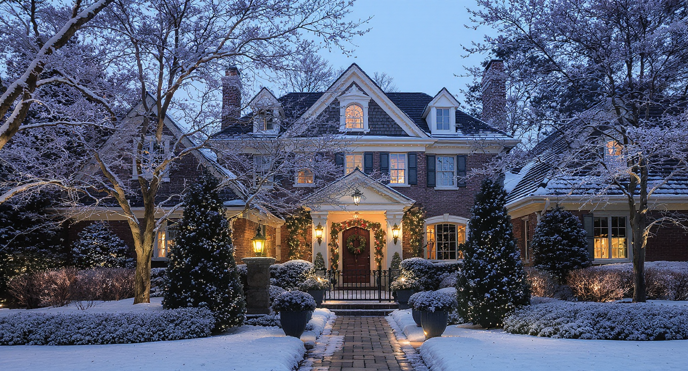 Elegant winter front yard with evergreen shrubs and a lit walkway leading to a well-decorated home.