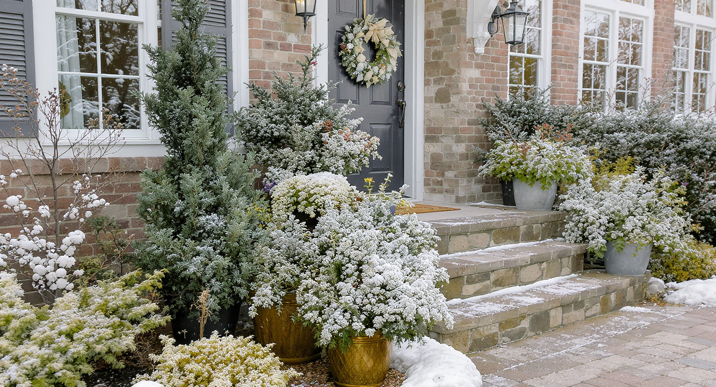 Seasonal greenery including pine and holly decorated by a home's front door with snow accents.