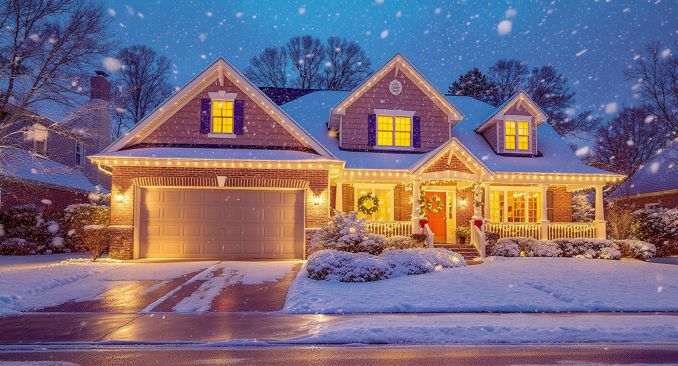 Suburban home lit warmly with exterior lights, surrounded by snow and festive greenery.
