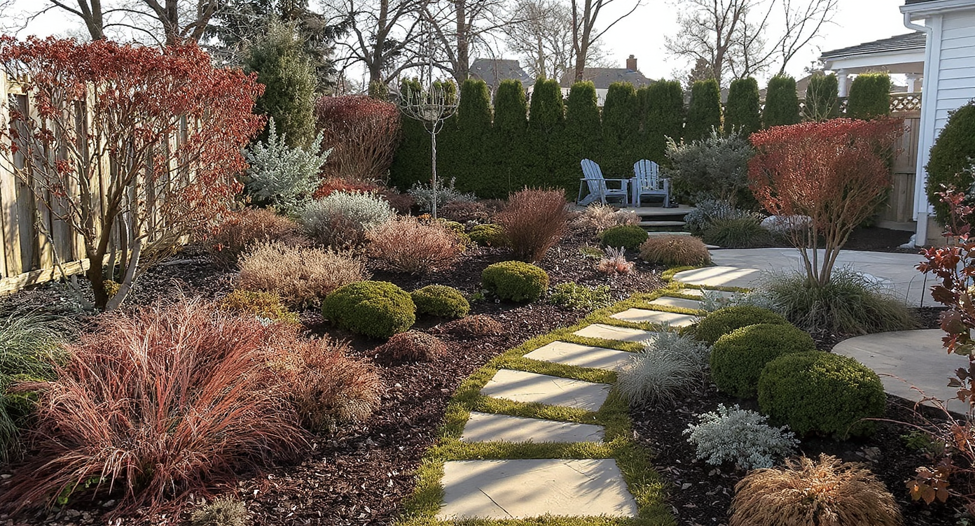 A polished winter garden with pruned shrubs, stepping stones, and a clear patio area free of debris.