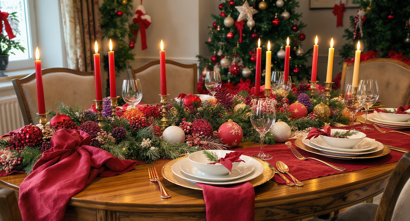 Elegant Christmas dinner table set with vibrant colors, lush pine centerpiece, and warm candlelight, creating a joyful ambiance.