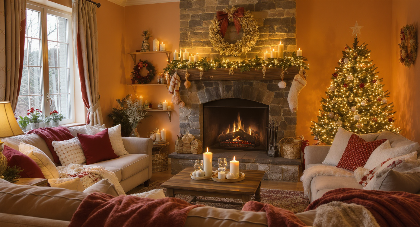 Cozy living room with a fireplace, plush seating, soft lighting, festive cushions, and a Christmas tree, embodying warmth and comfort.