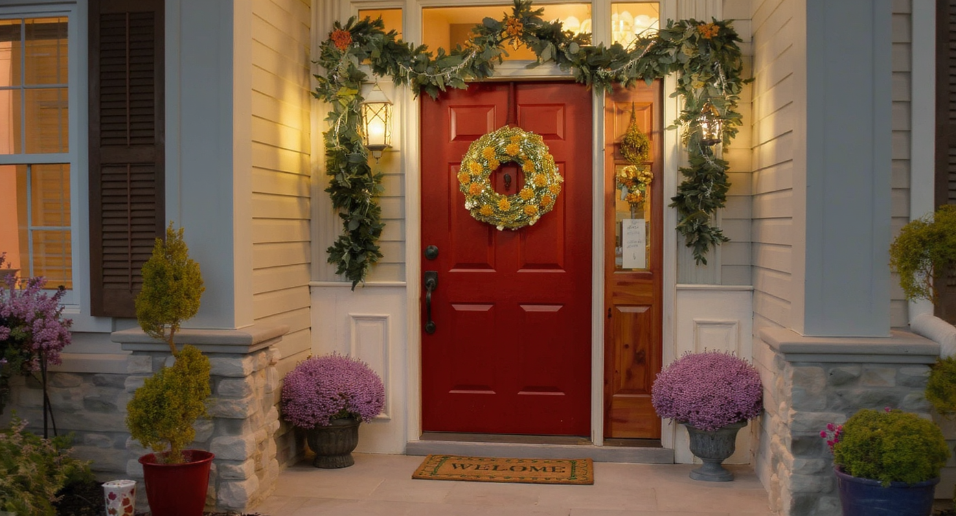 Welcoming entryway decorated with garlands and a festive wreath on the door, enhancing the holiday spirit.