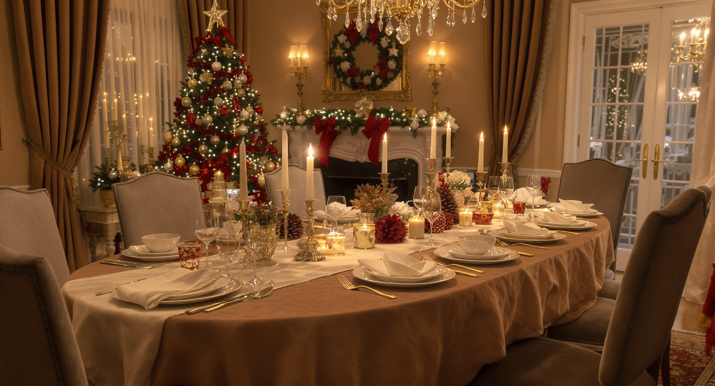 Elegant dining setup for Christmas with a festive tablecloth and beautiful centerpieces, inviting a holiday celebration atmosphere.