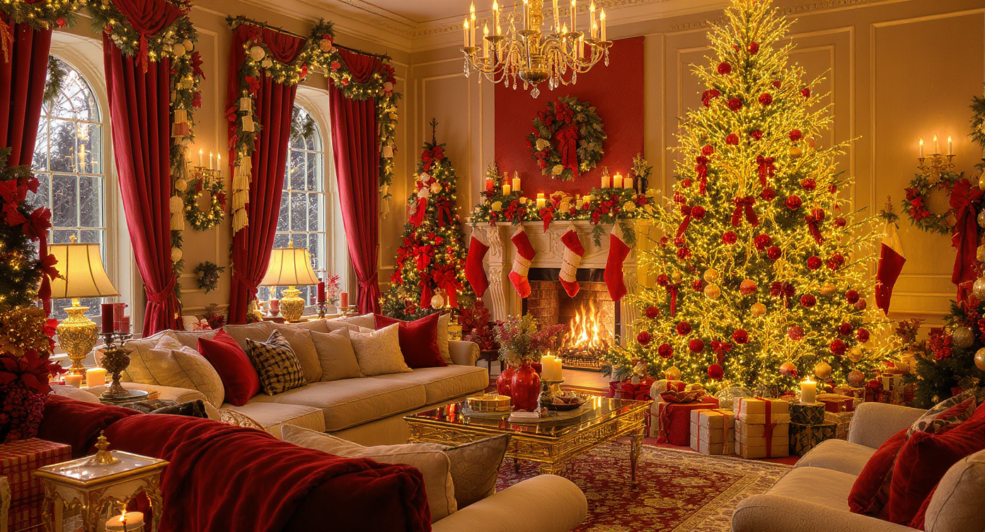 Cozy Christmas living room with an unconventional tree made of branches and decorative lights, creating a warm festive atmosphere.