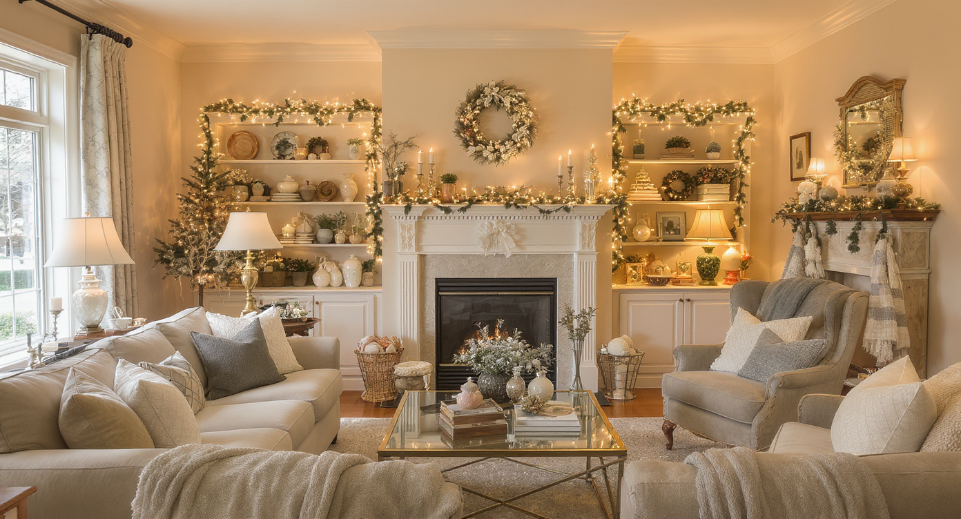 A home with holiday decorations extended throughout, showcasing cohesion and festive spirit in every room.