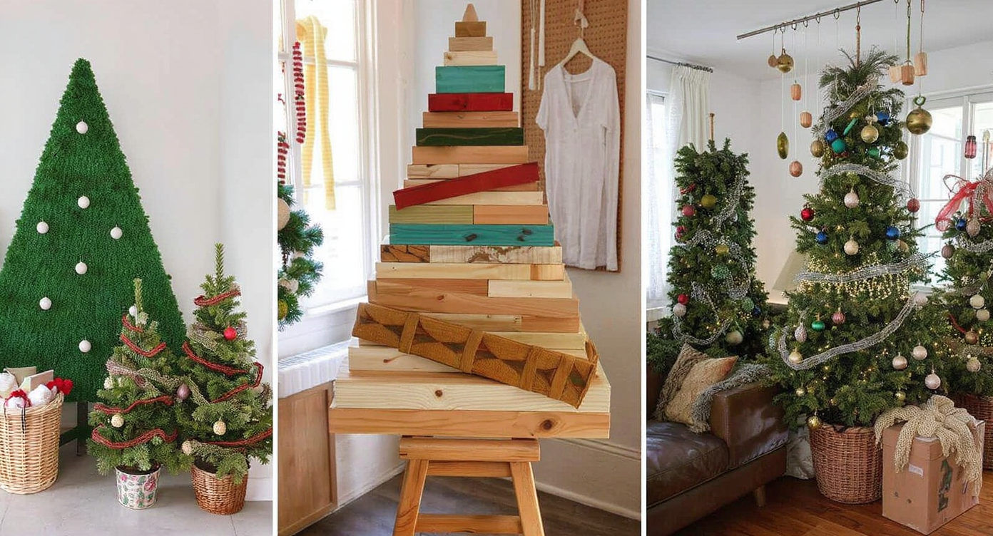 Display of alternative Christmas trees made with colorful objects and decorations in a modern living room, showcasing creativity.