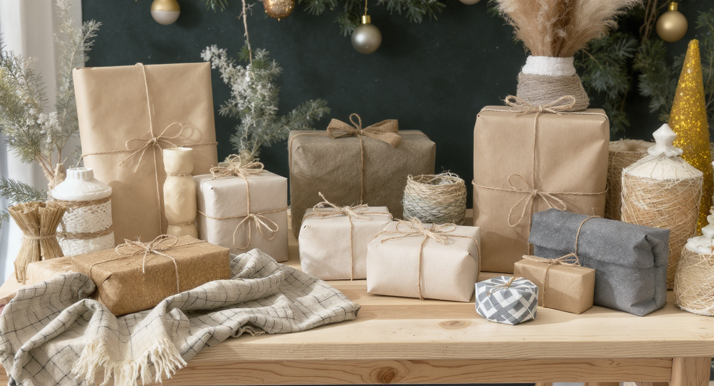 Artistic gift-wrapping station with eco-friendly materials and uniquely wrapped presents, enhancing creativity for the holidays.