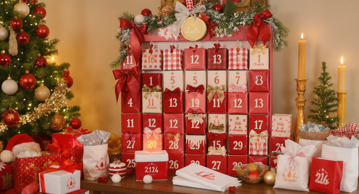 Colorful personalized Advent calendar with small gifts and treats arranged creatively, showcasing holiday excitement.