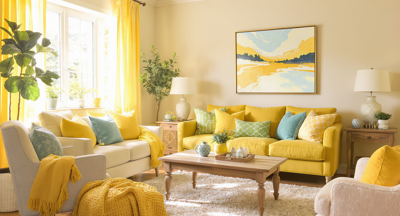 Vibrant living room featuring cheerful colors and natural light, creating an uplifting and joyful atmosphere.