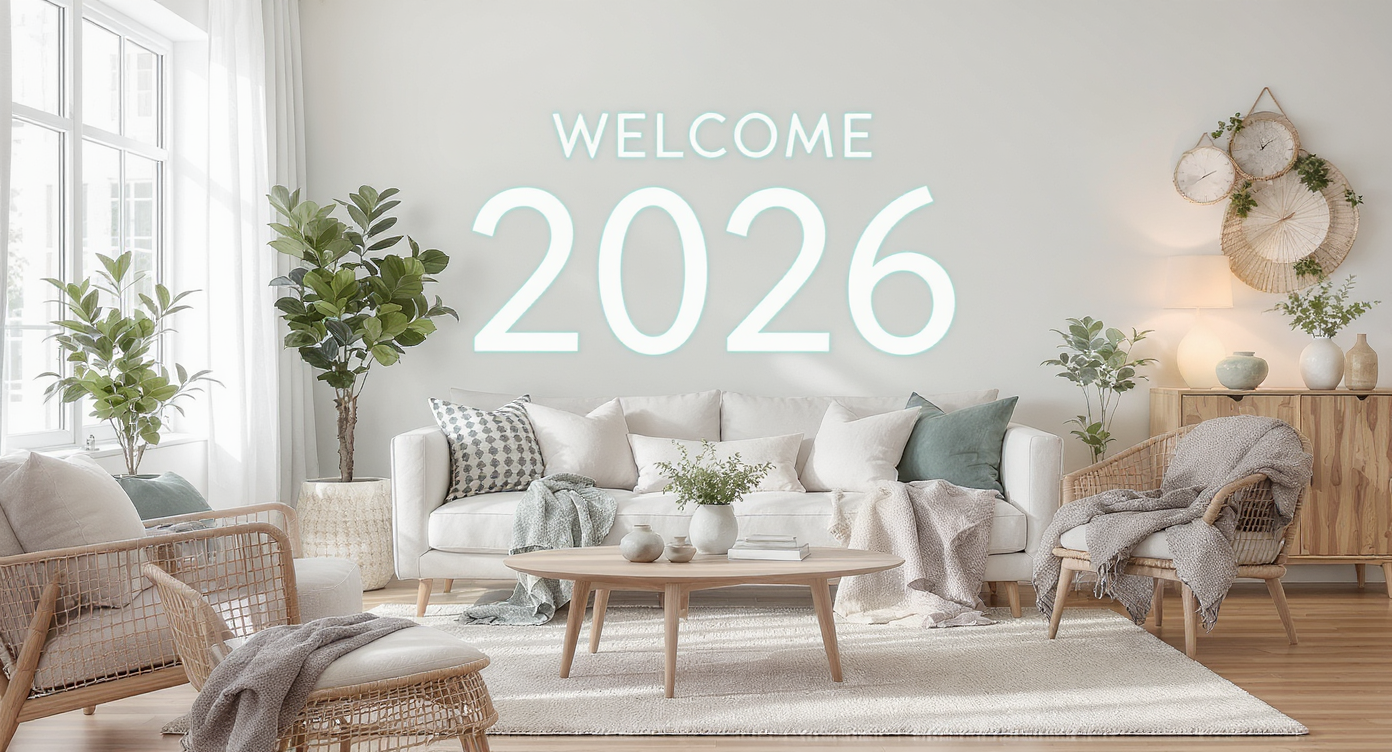 Modern living room with calming colors and plants, symbolizing renewal and energy cleansing for 2026.