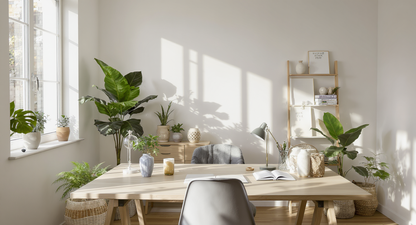 Clutter-free home office with organized desk, natural plants, and neutral color palette enhancing clarity and focus.