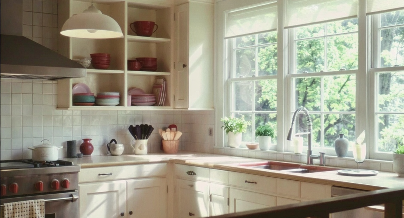 Bright kitchen with large windows allowing natural light, featuring uncluttered counters and colorful dishware.