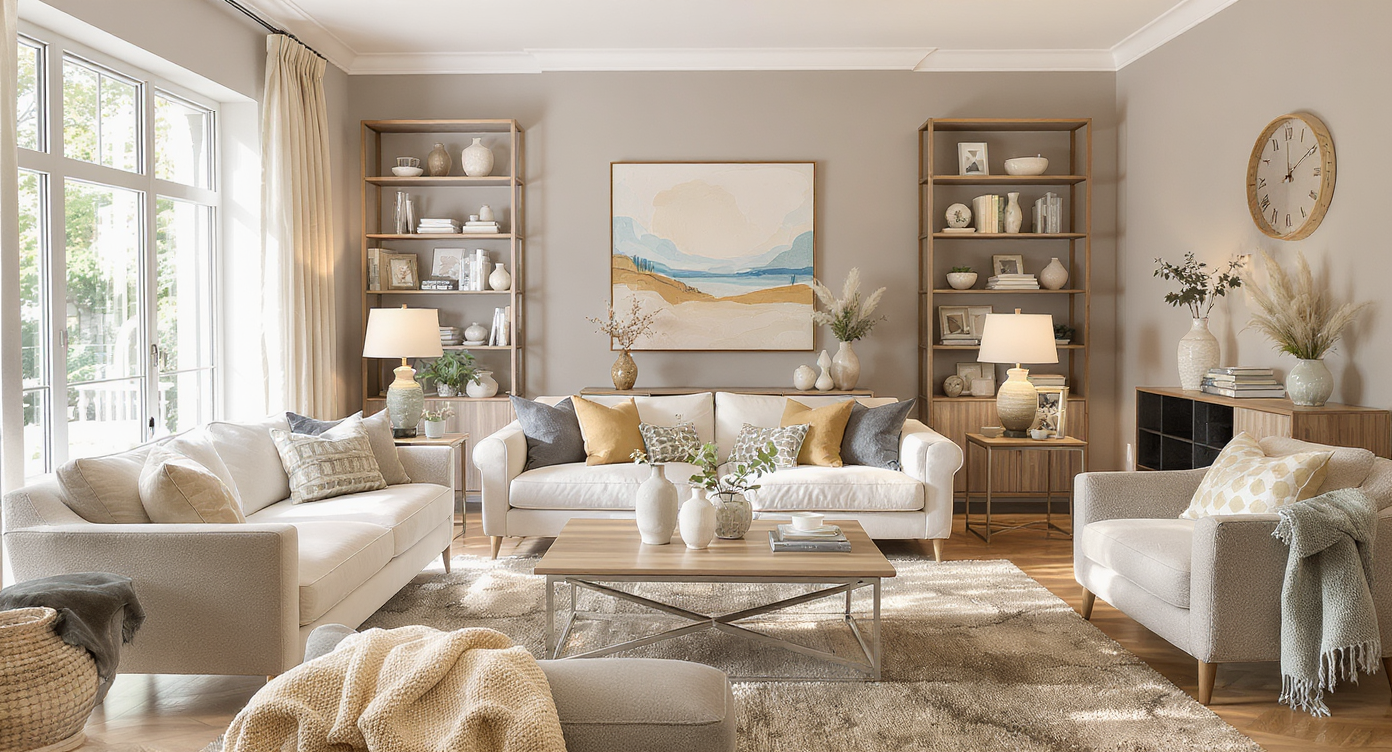 Cozy living room layout with comfortable furniture and personal artifacts, creating an inviting flow.