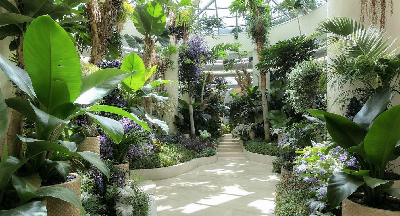Indoor garden with various potted plants in a sunlit room, enhancing the space with fresh, natural elements.
